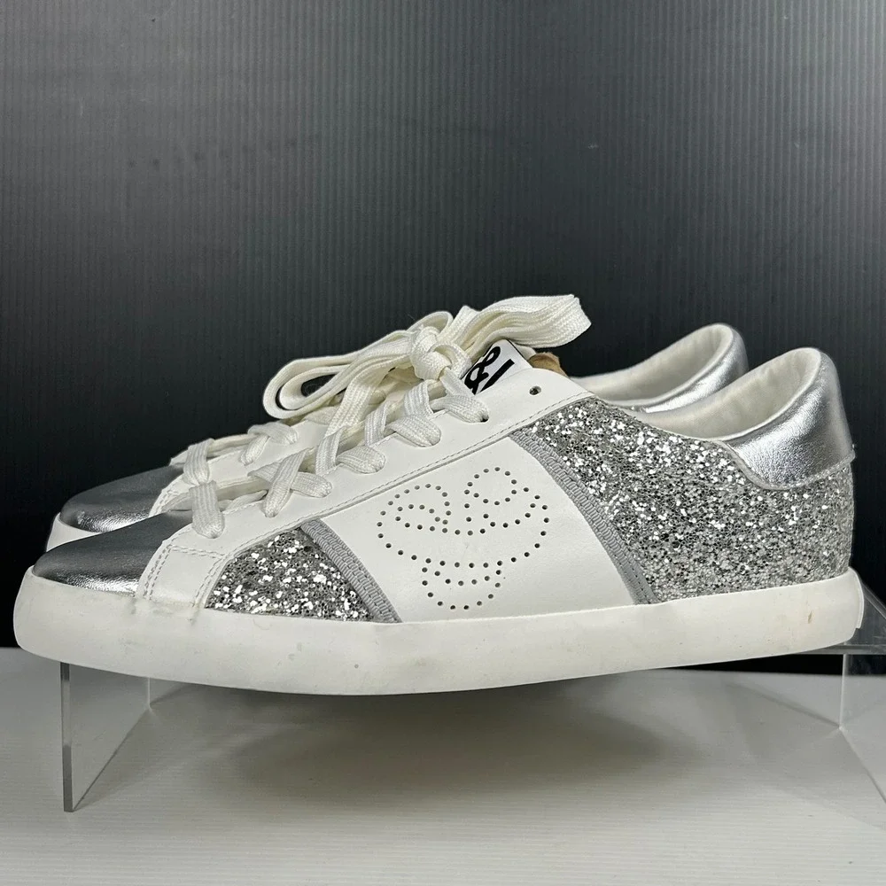 Sam &‎ Libby Size 8.5 Alina Sneakers Silver Glitter White Low Top NEW $49